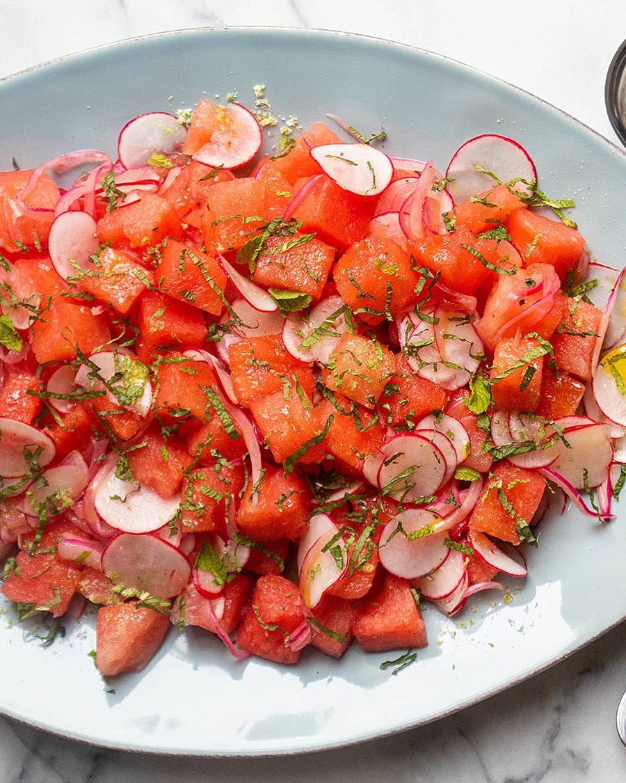 Watermelon Salad with Habanero-Pickled Onions and Lime Salt