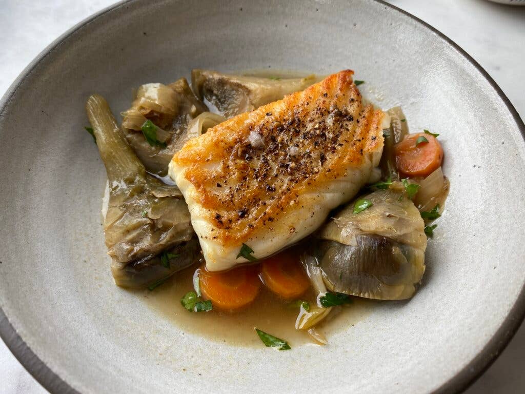 Halibut with Wine-Braised Artichokes and Carrots