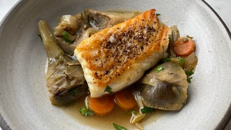 Halibut with Wine-Braised Artichokes and Carrots