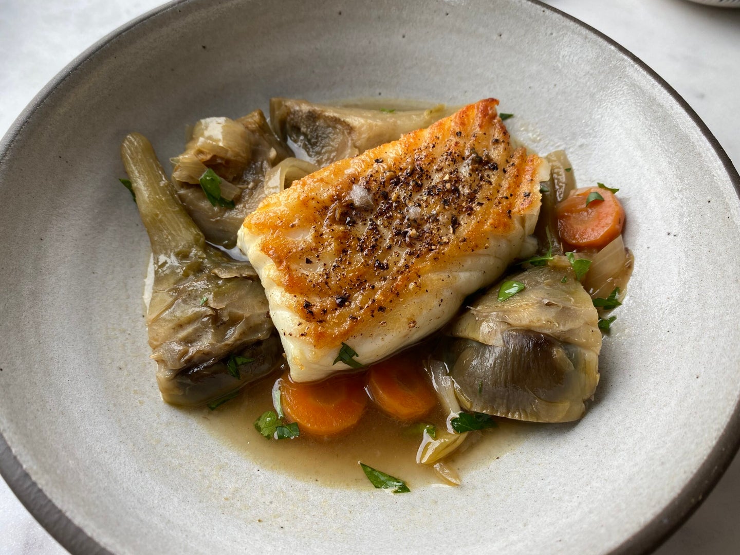 Seared Halibut with WineBraised Artichokes à la Barigoule Saveur