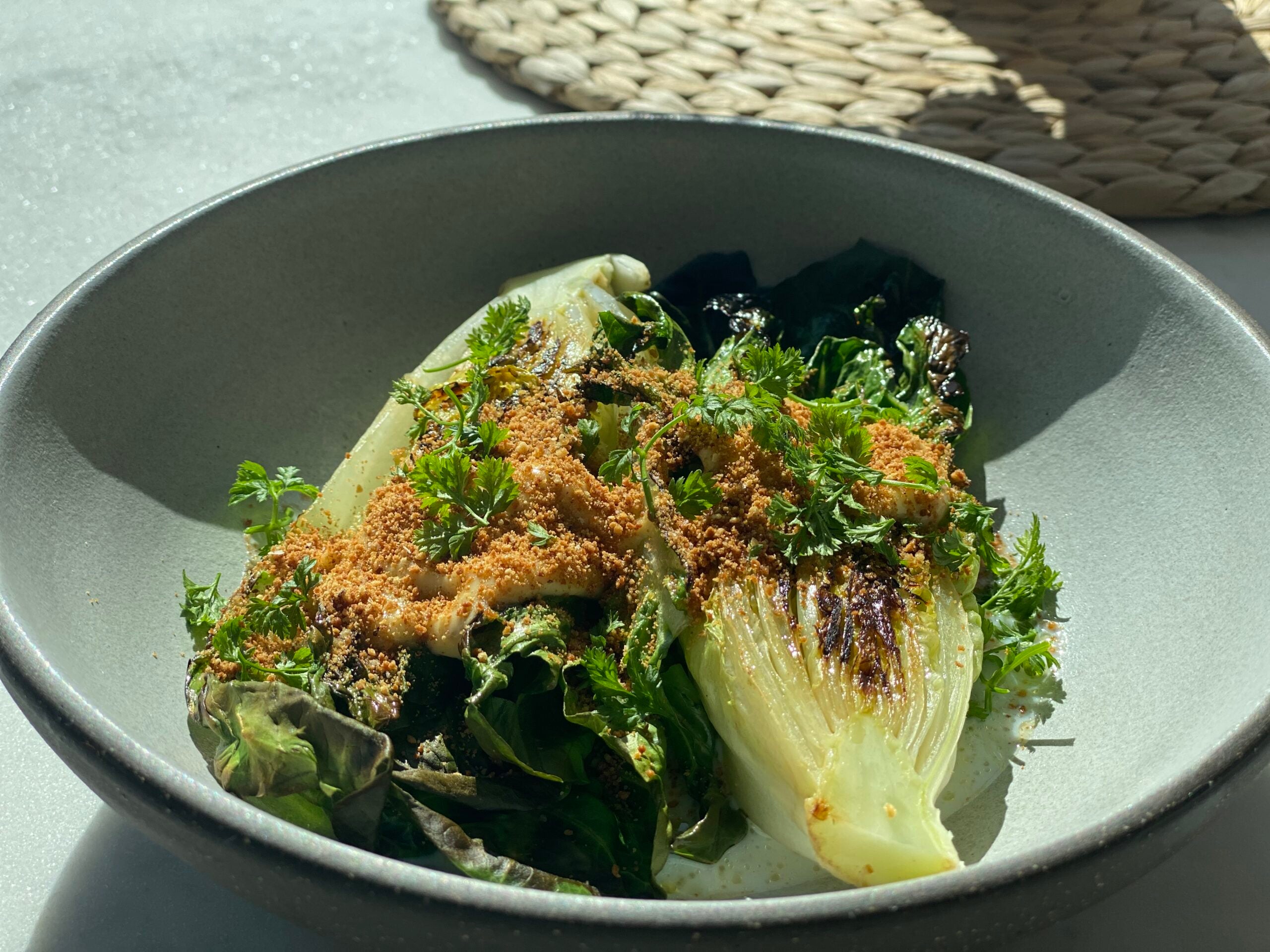 Seared Little Gem Lettuce with Buttermilk, Anchovy, and Bread Crumbs