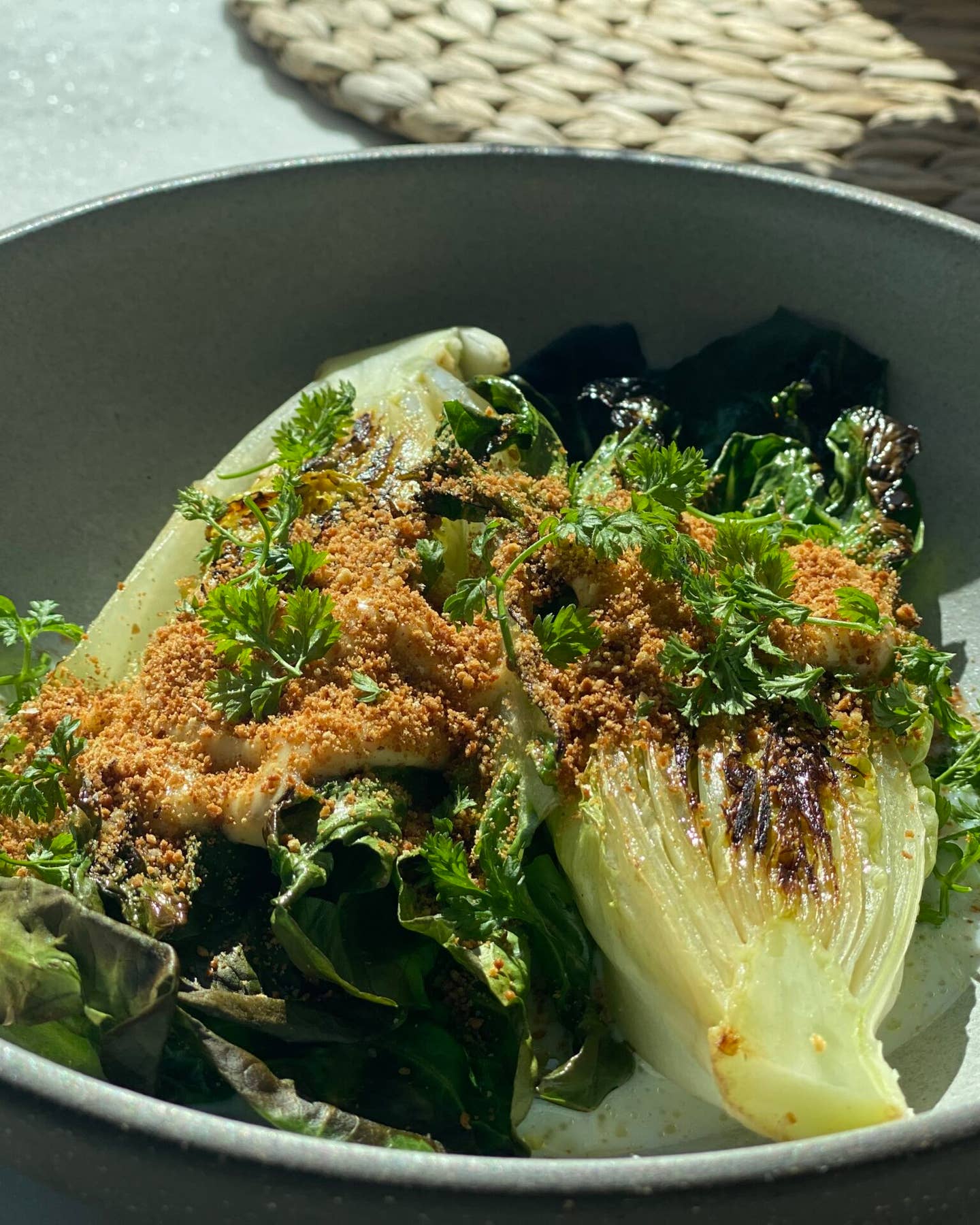 Seared Little Gem Lettuce with Buttermilk, Anchovy, and Bread Crumbs