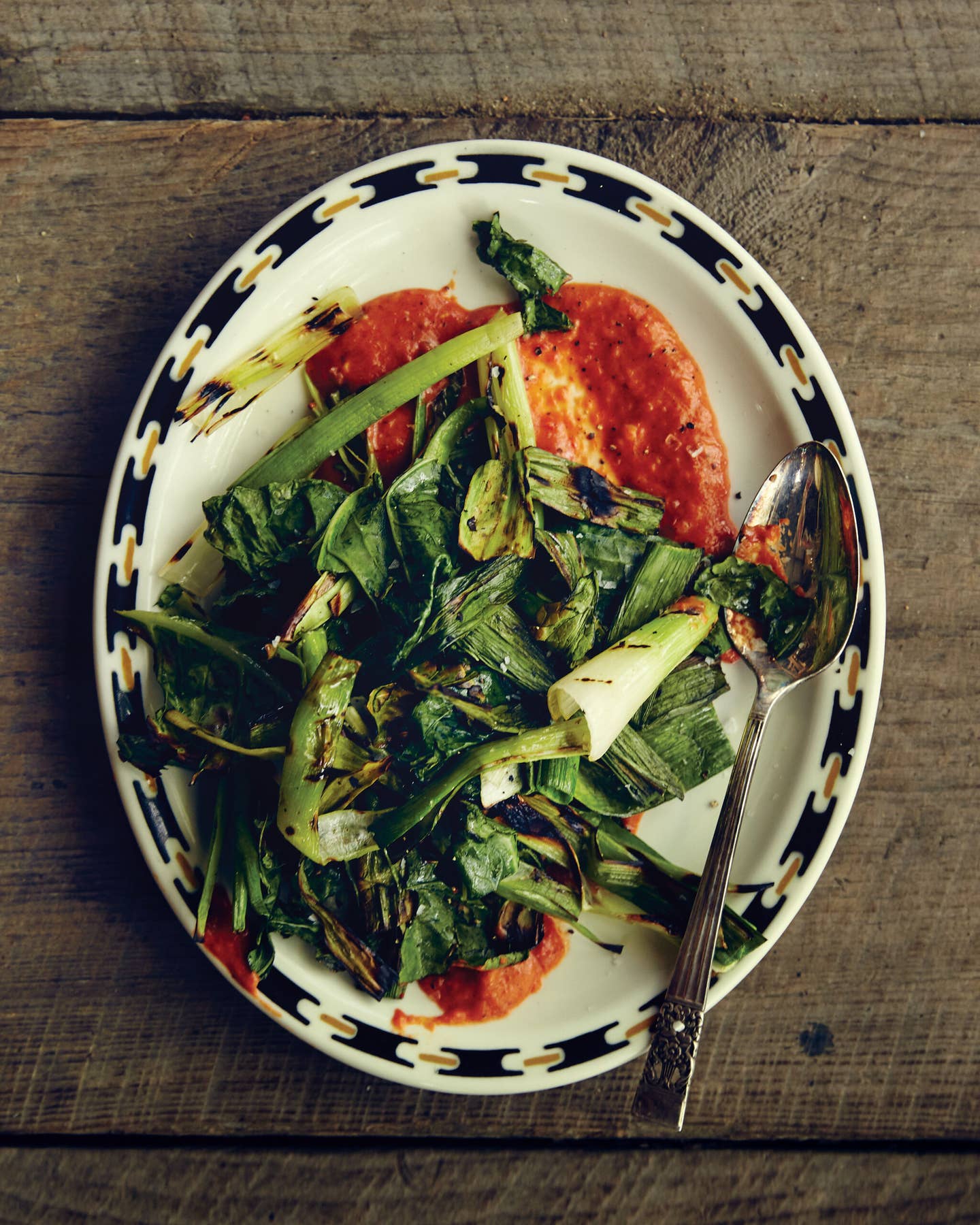 Grilled Greens and Leek Tops with Chile-Garlic Sauce