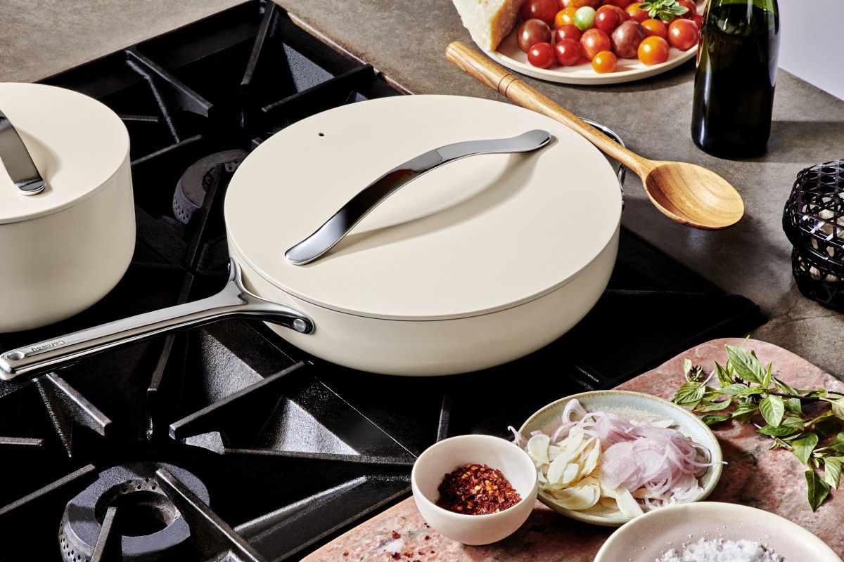 Best ceramic cookware - Caraway cream frying pan on a stovetop
