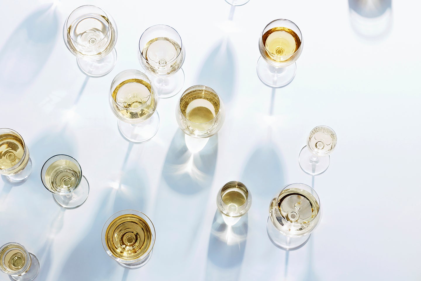Overhead shot of white wine in glasses