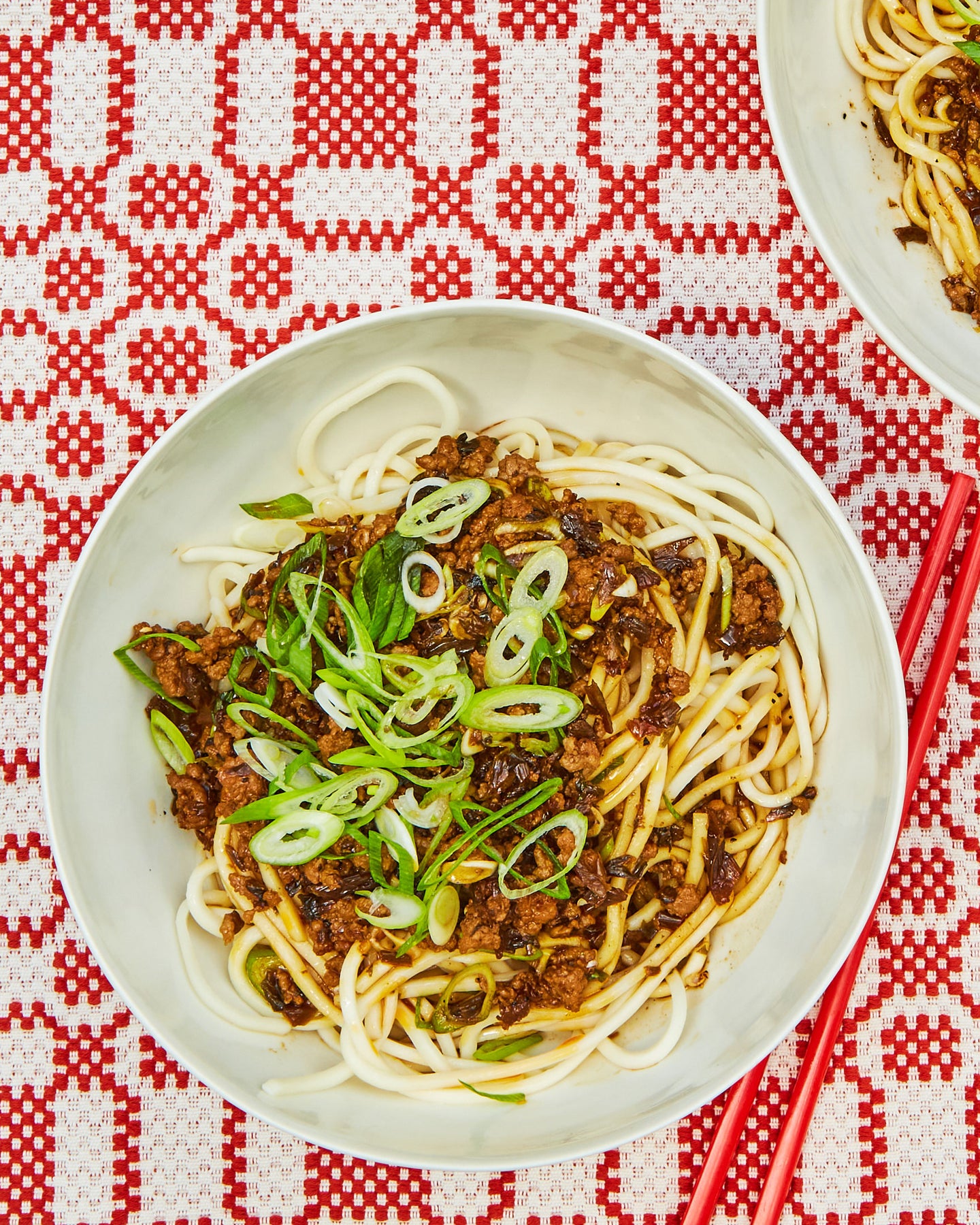 Dan Dan Noodles on white plate