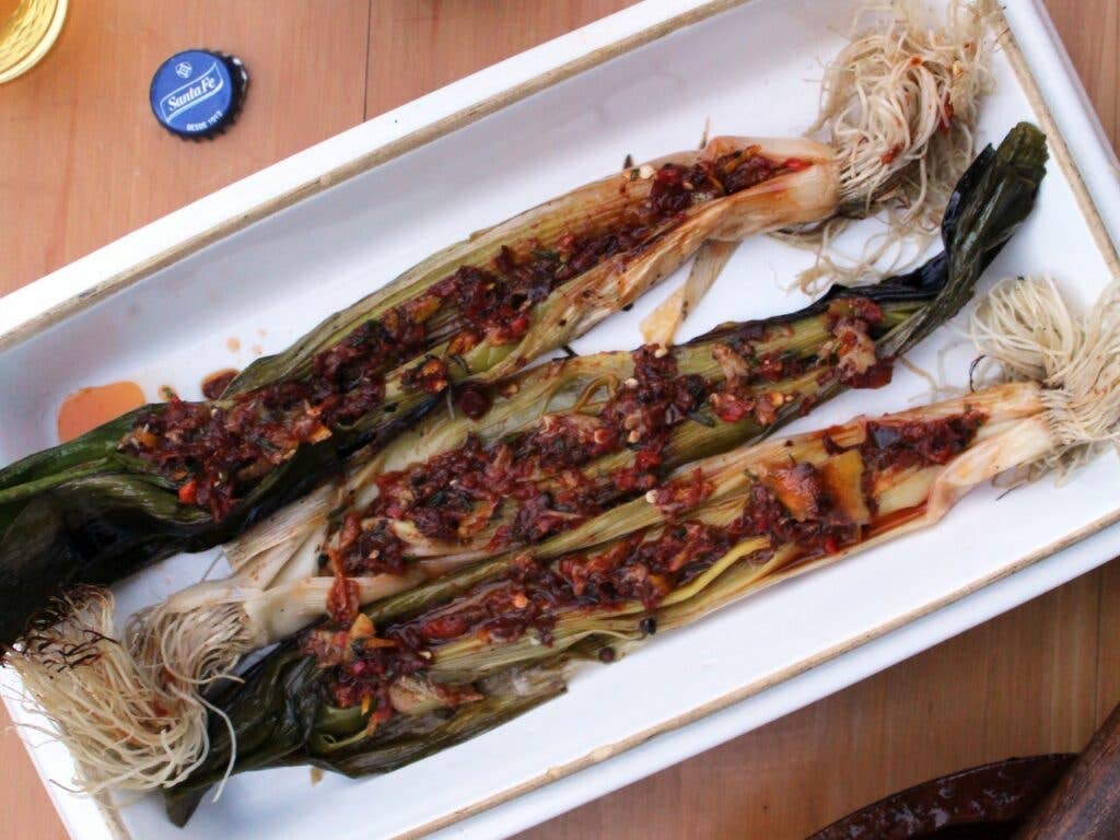 Argentinian Grilled Leeks with Red Chile Sauce