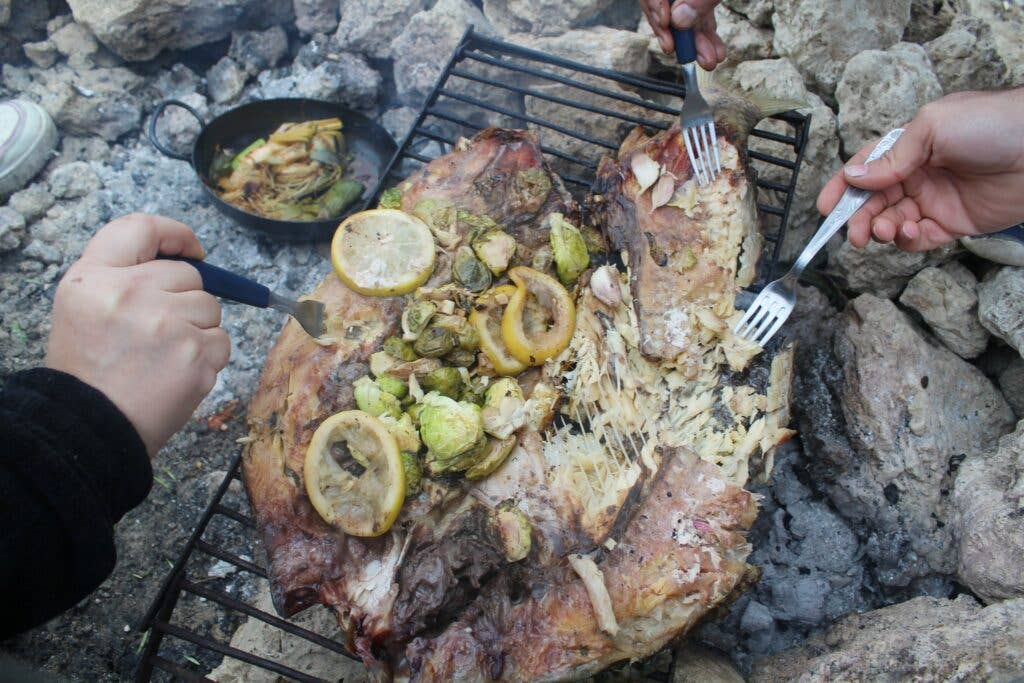 Whole Grilled Fish Stuffed with Brussels Sprouts and Lemon