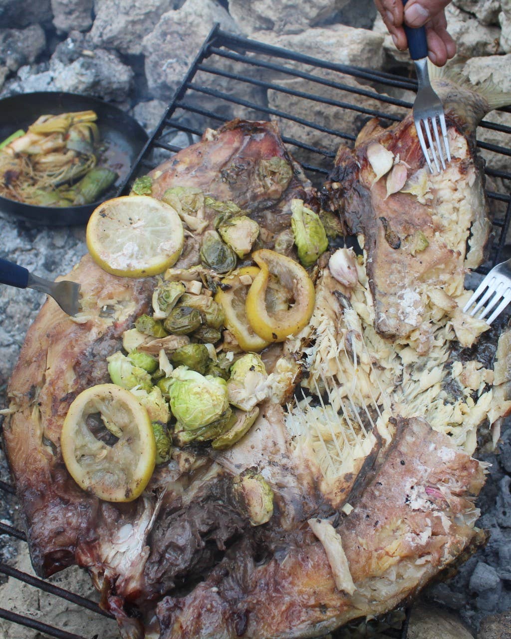 Whole Grilled Fish Stuffed with Brussels Sprouts and Lemon