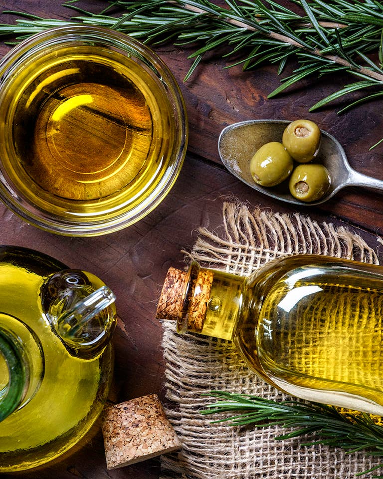 olives and olive oil bottles