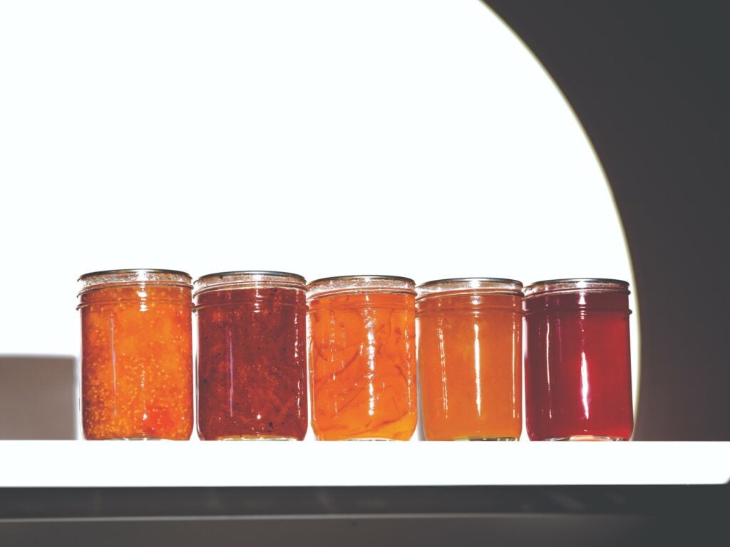 Line of Canned Jars of Jams and Jellies
