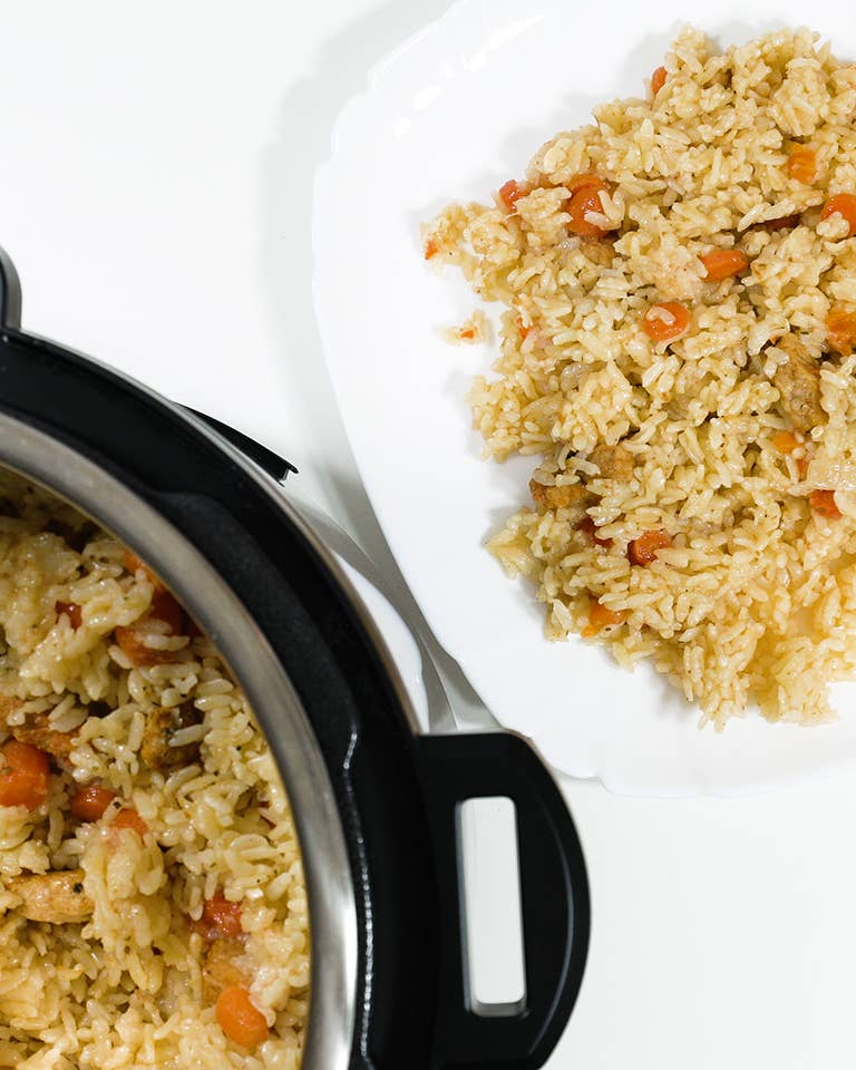 Rice with meat and vegetables prepared in multi cooker