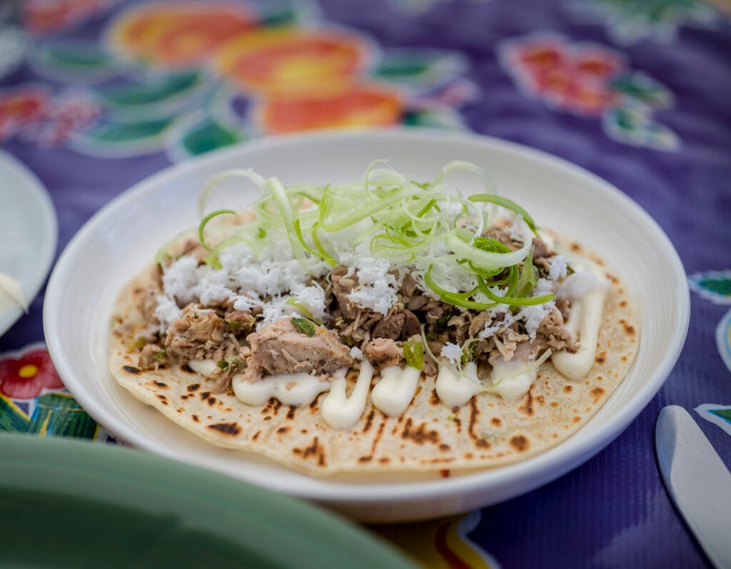 Chicken kelaguen on a titiya at Prubechu in San Francisco