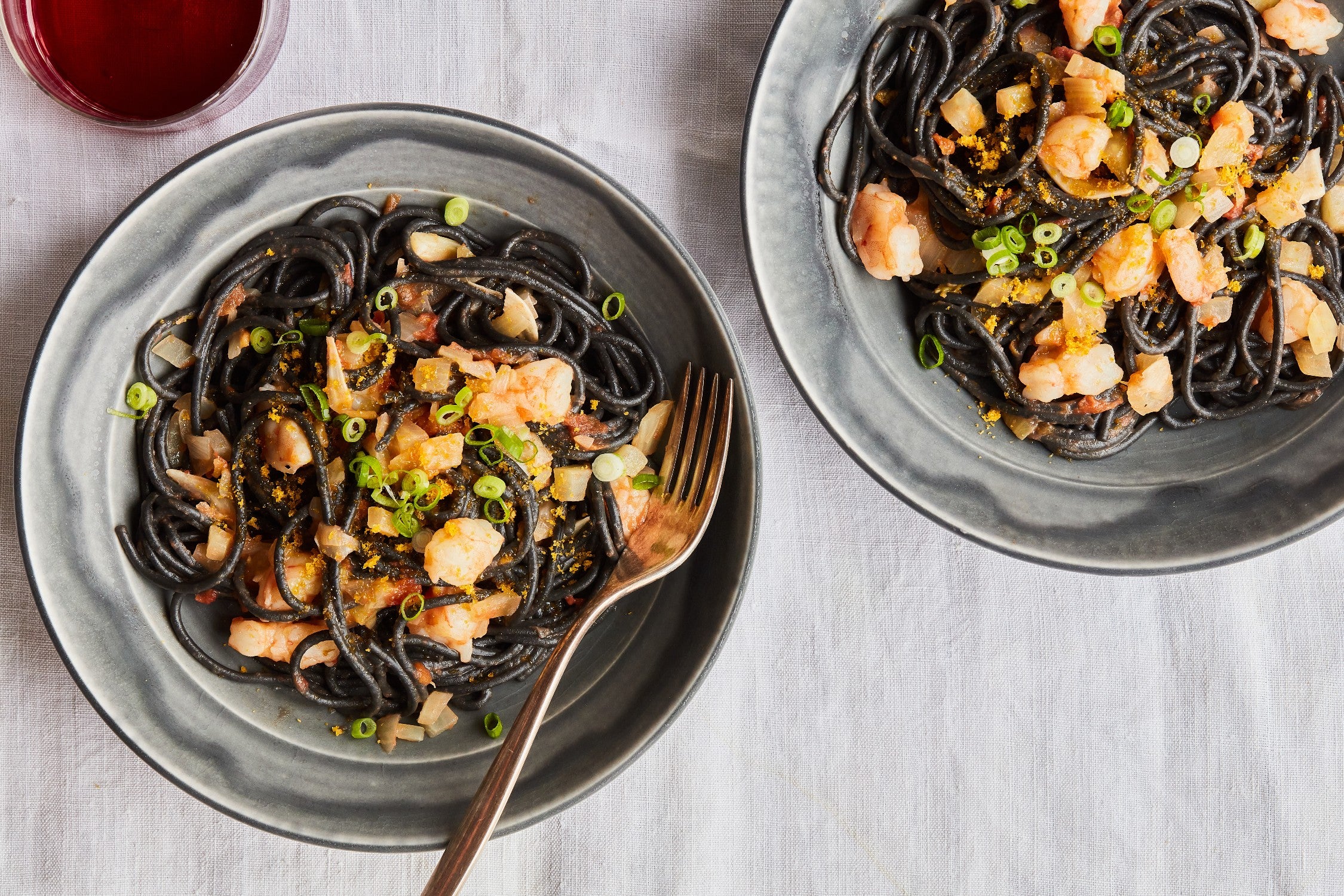 Squid Ink Pasta With Shrimp, Fennel, Tomatoes, and Bottarga Butter