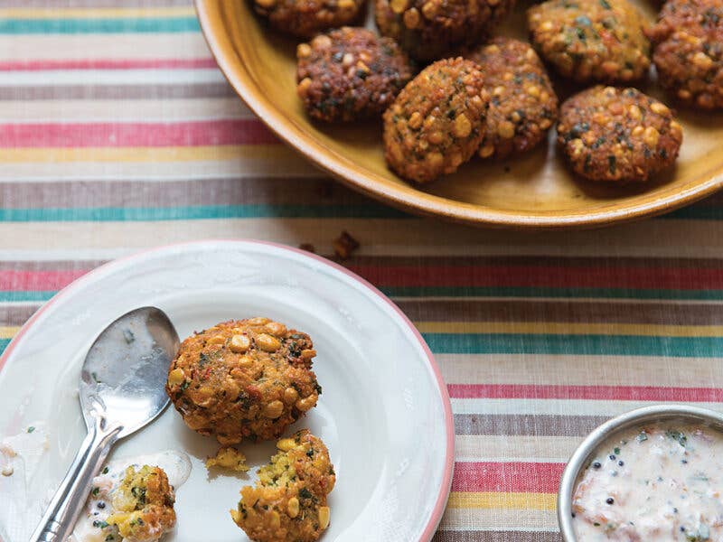 Pigeon Pea Fritters with Yogurt-Tomato Sauce (Vadai Pachadi)