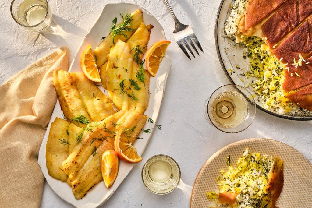 Persian-style saffron fish with herbed tahdig