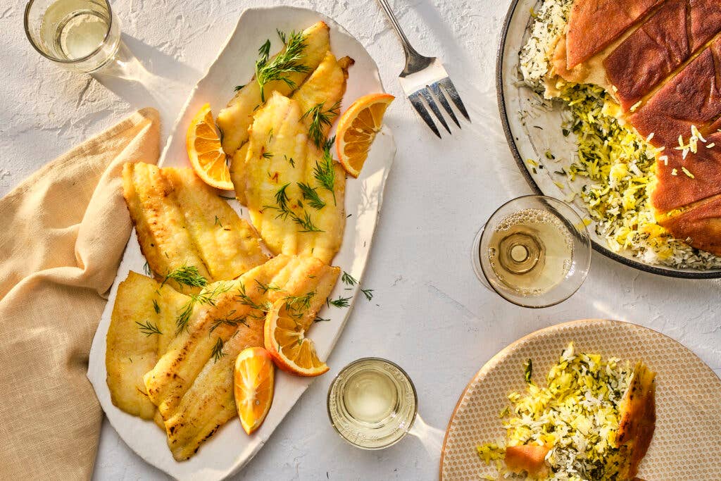 Persian-style saffron fish with herbed tahdig