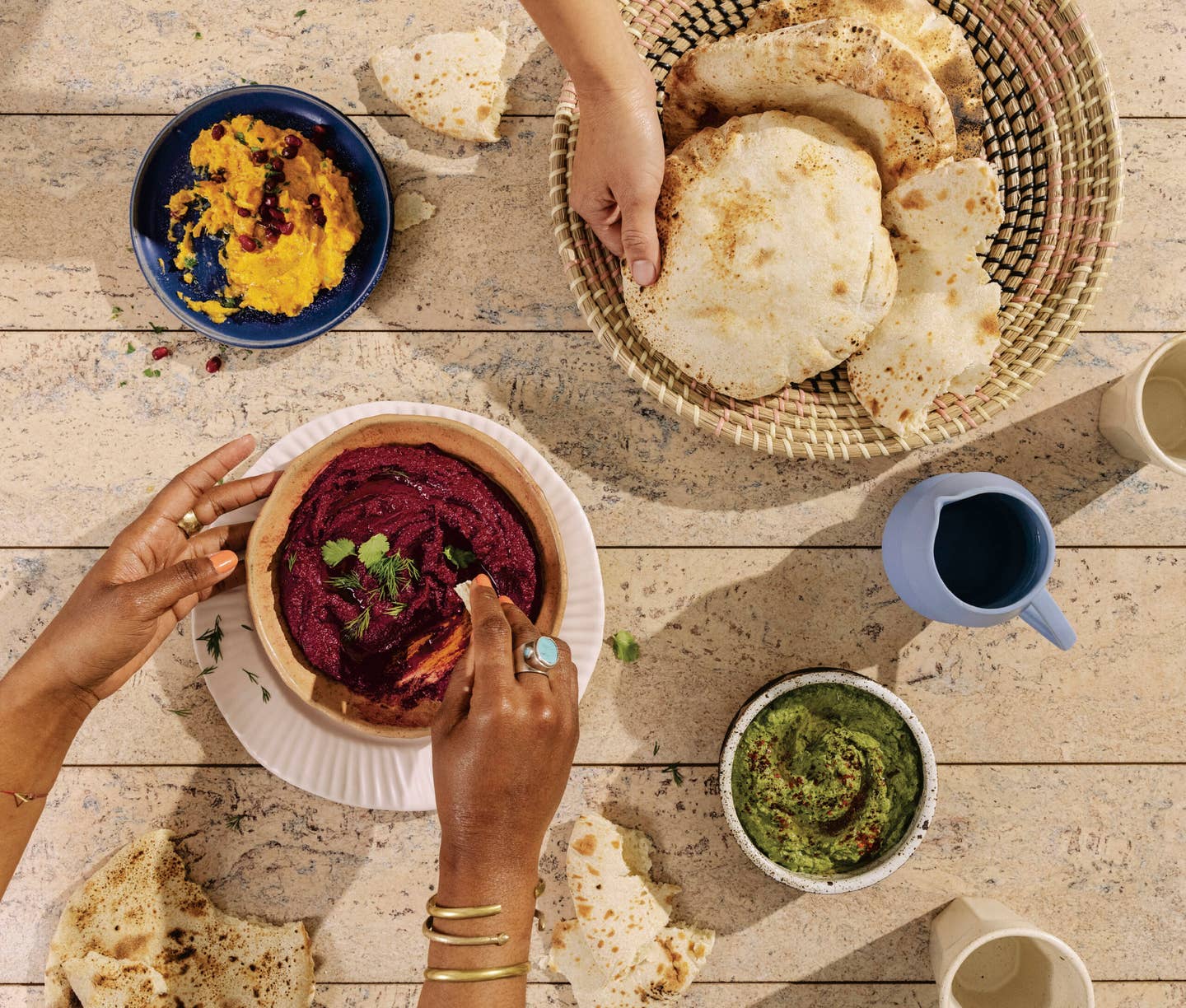 Overhead photo of table full of food.