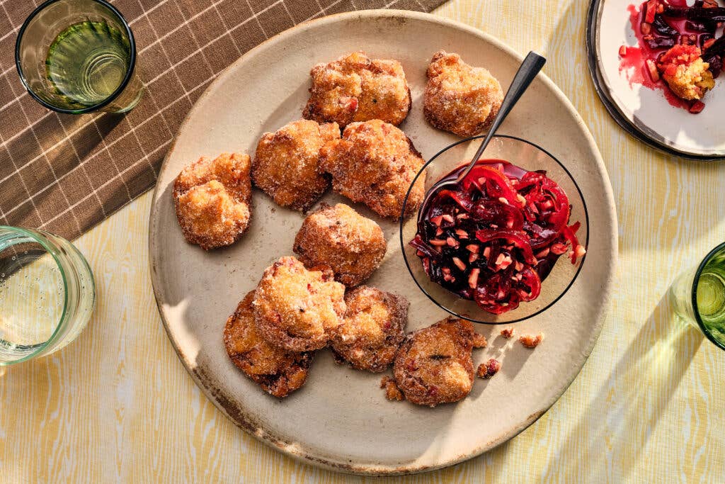 Rhubarb Passover Chremsel with Beet Preserves