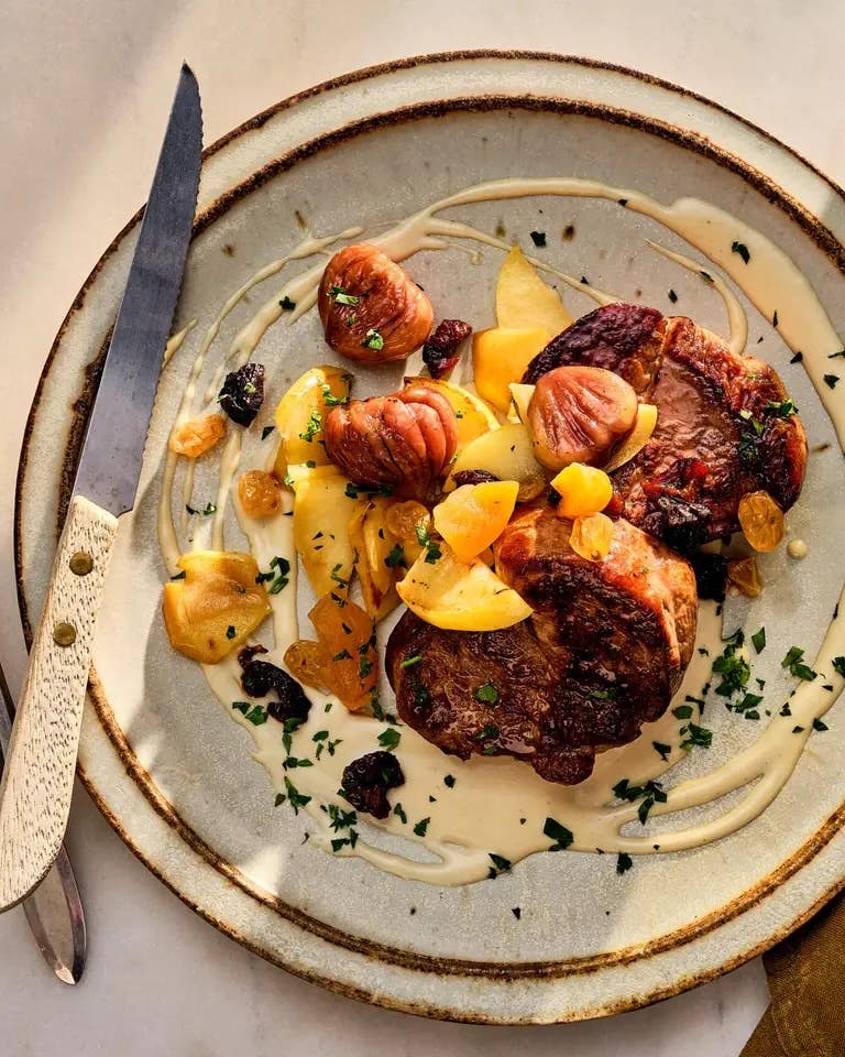 Asturian-Style Veal Fillets With Cabrales Sauce, Fruit, and Chestnuts Veal with Cabrales Sauce