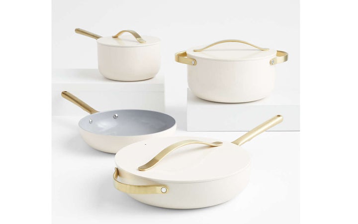 The Best Cookware for Glass Top Stoves Caraway Home Cream 7-Piece Ceramic Non-Stick Cookware Set