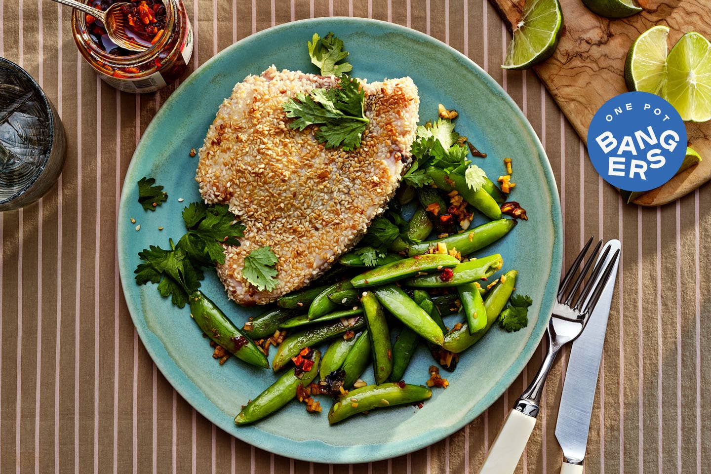Pan-Seared Sesame Swordfish with Blistered Snap Peas and Chili Crisp