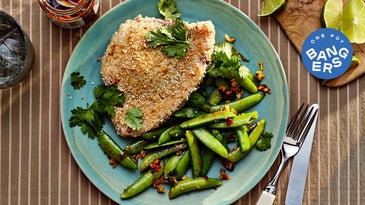 Pan-Seared Sesame Swordfish with Blistered Snap Peas and Chili Crisp