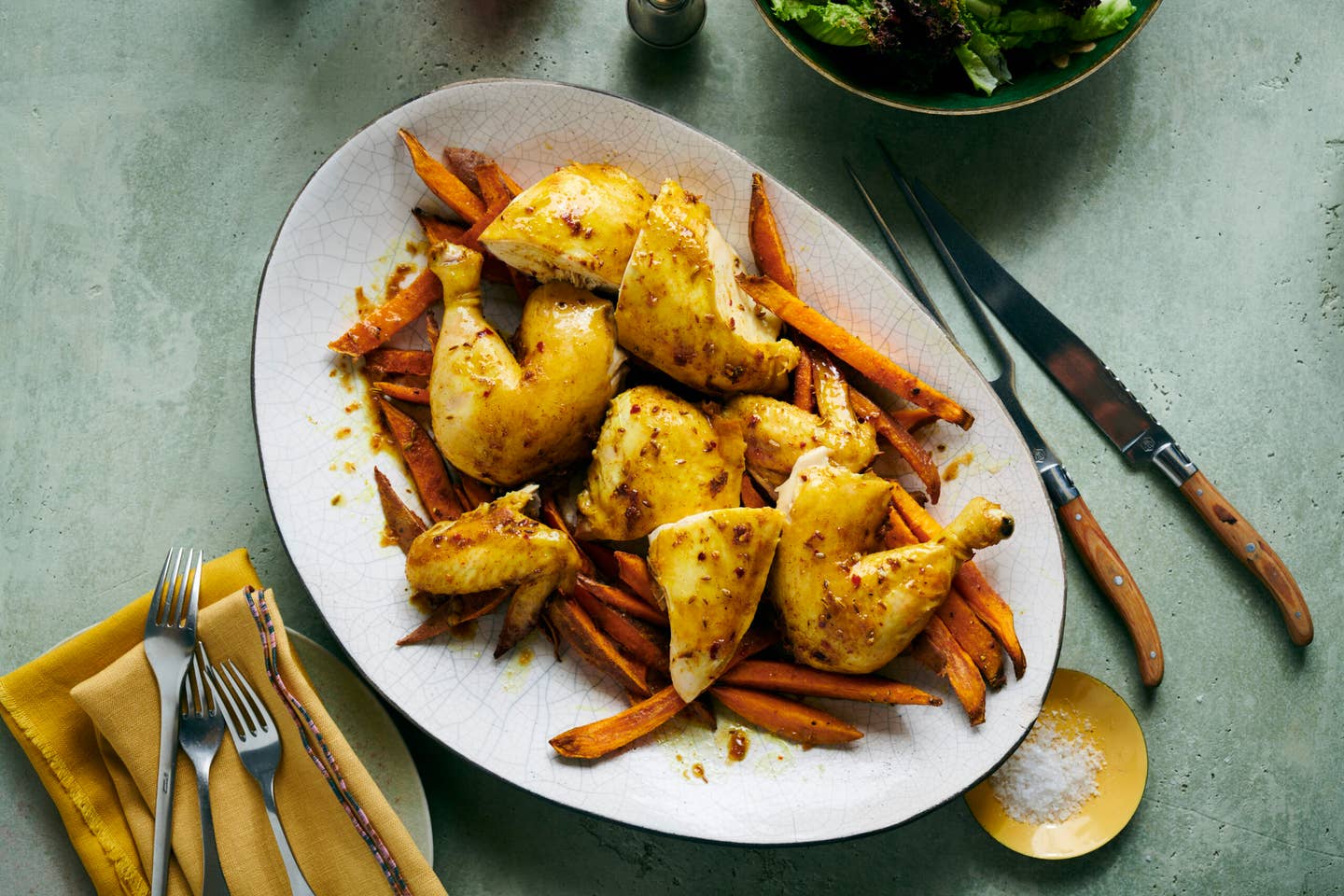 Spicy Maple Roasted Chicken with Sweet Potato Oven Fries