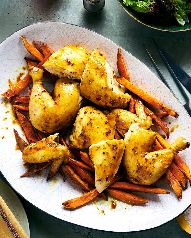 Spicy Maple Roasted Chicken with Sweet Potato Oven Fries