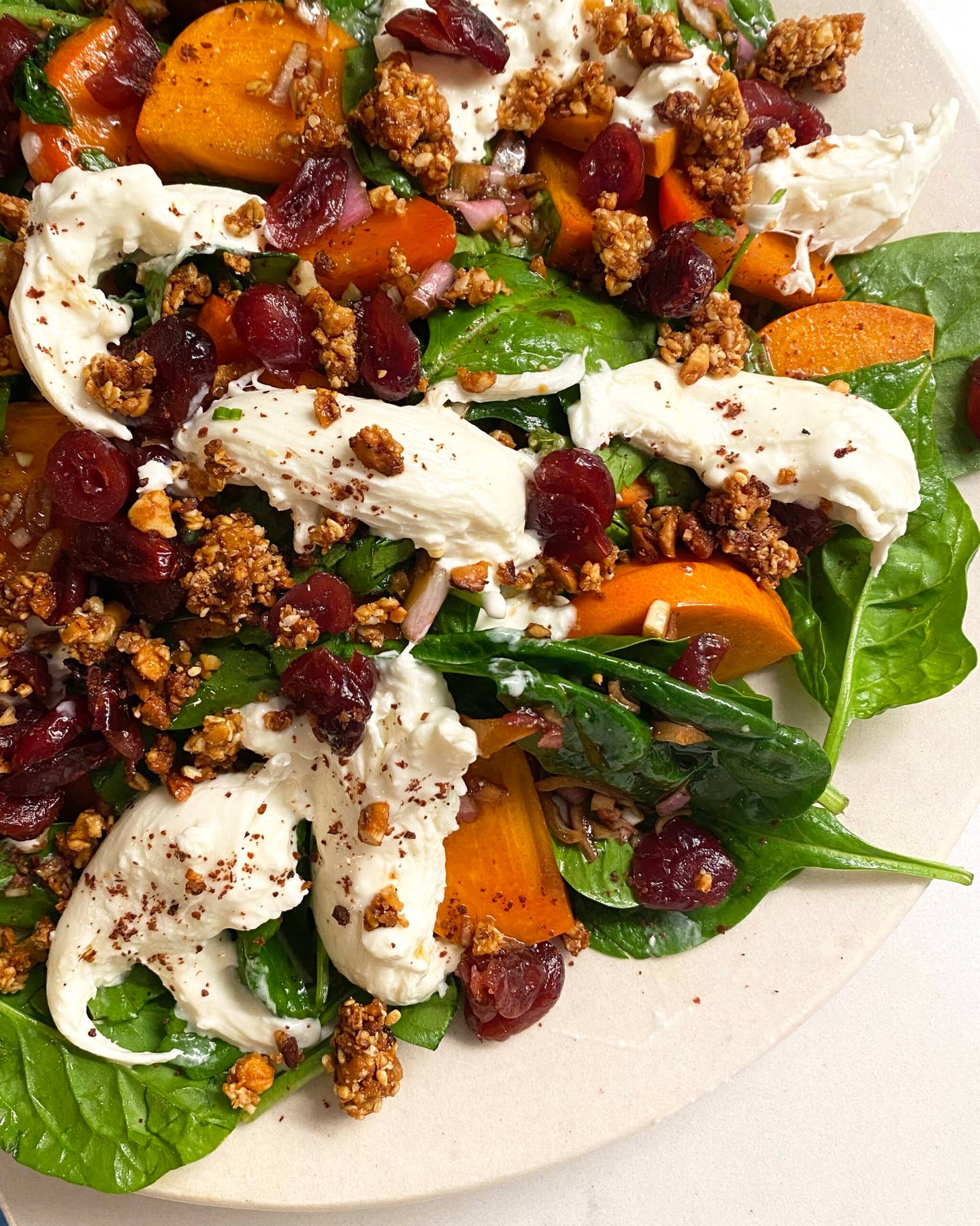 Fuyu Persimmons with Spinach, Burrata, and Cranberries