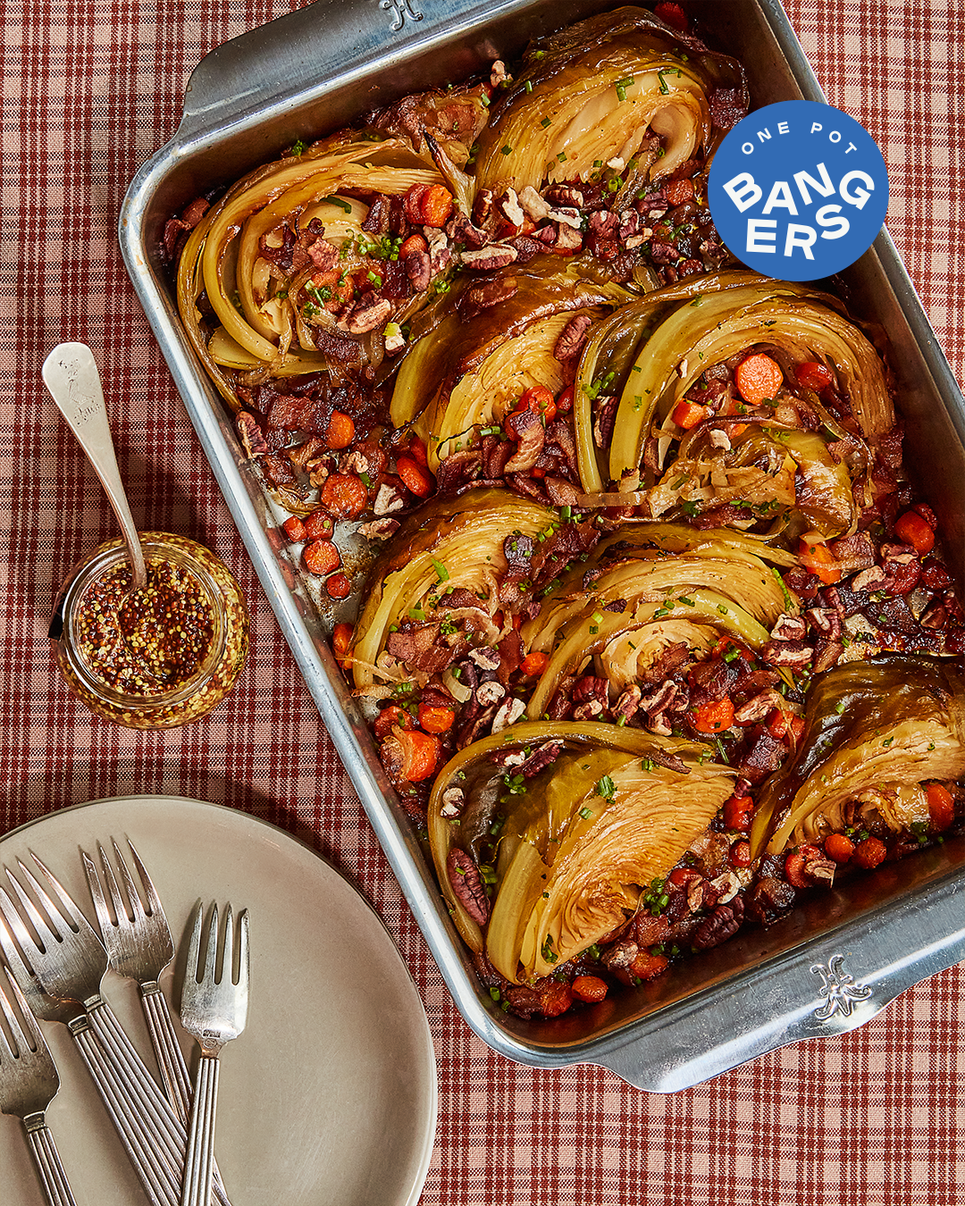 melty one-pan cabbage recipe with bacon and pecans.
