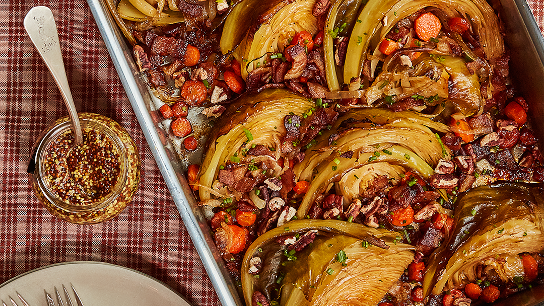 Melty Braised Cabbage with Bacon and Pecans