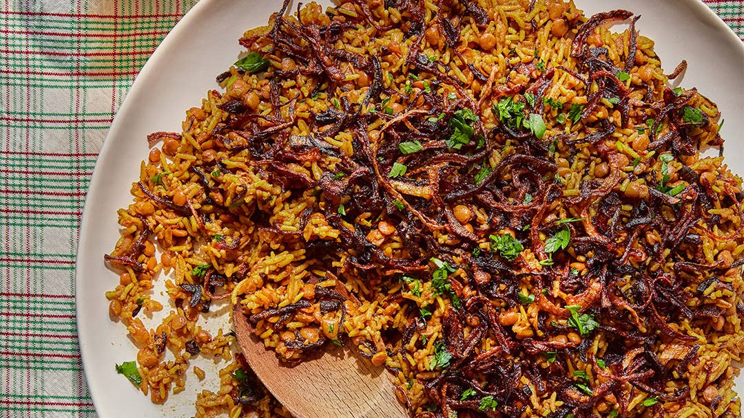 Middle Eastern Rice with Lentils, Frizzled Onions, and Lemony Yogurt Sauce Middle Eastern Rice with Lentils, Frizzled Onions, and Lemony Yogurt Sauce