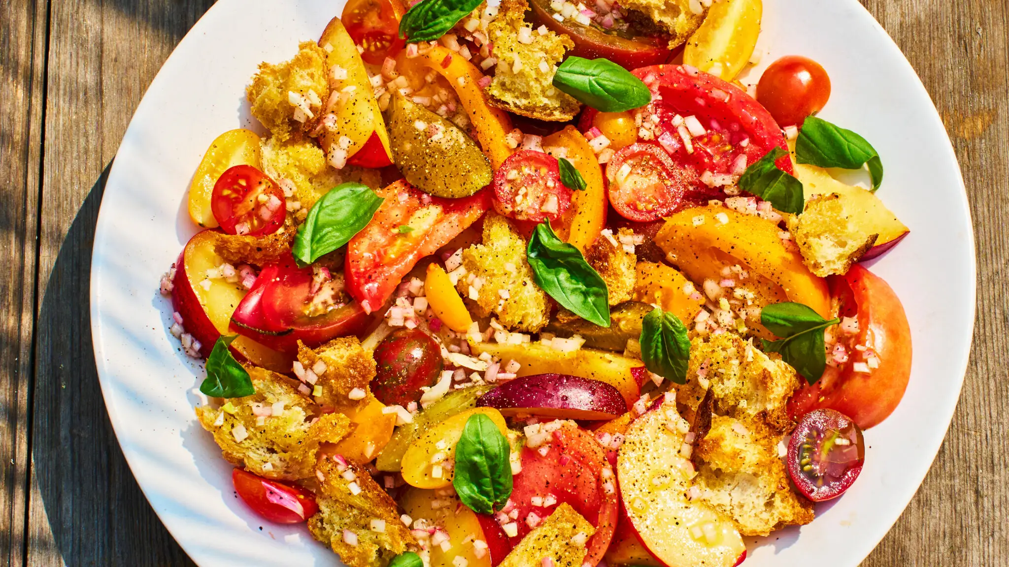 Heirloom Tomato and Stone Fruit Salad with Garlicky Croutons-image