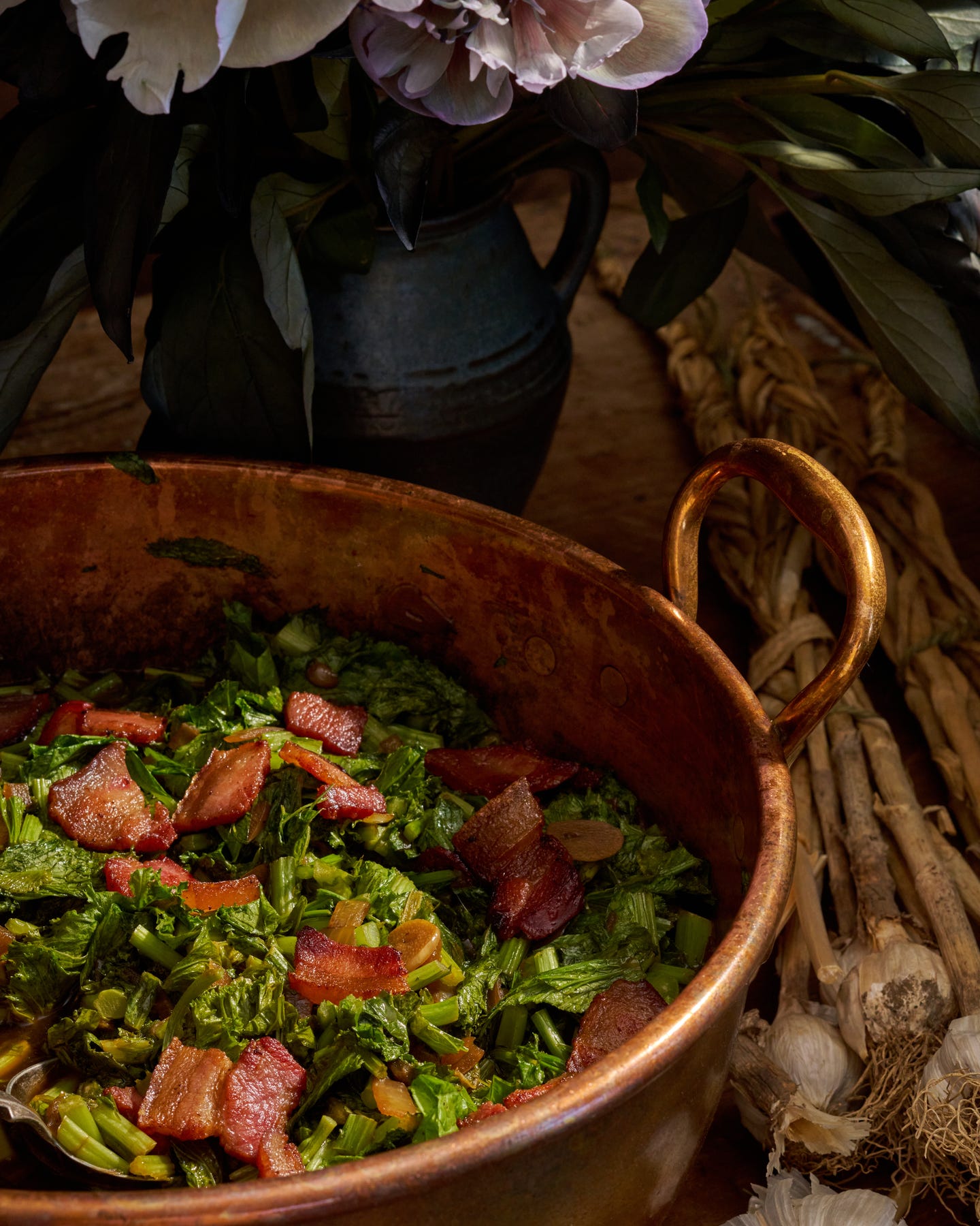 Beer-Braised Mustard Greens With Wild Boar Bacon Beer-Braised Mustard Greens with Wild Boar Bacon