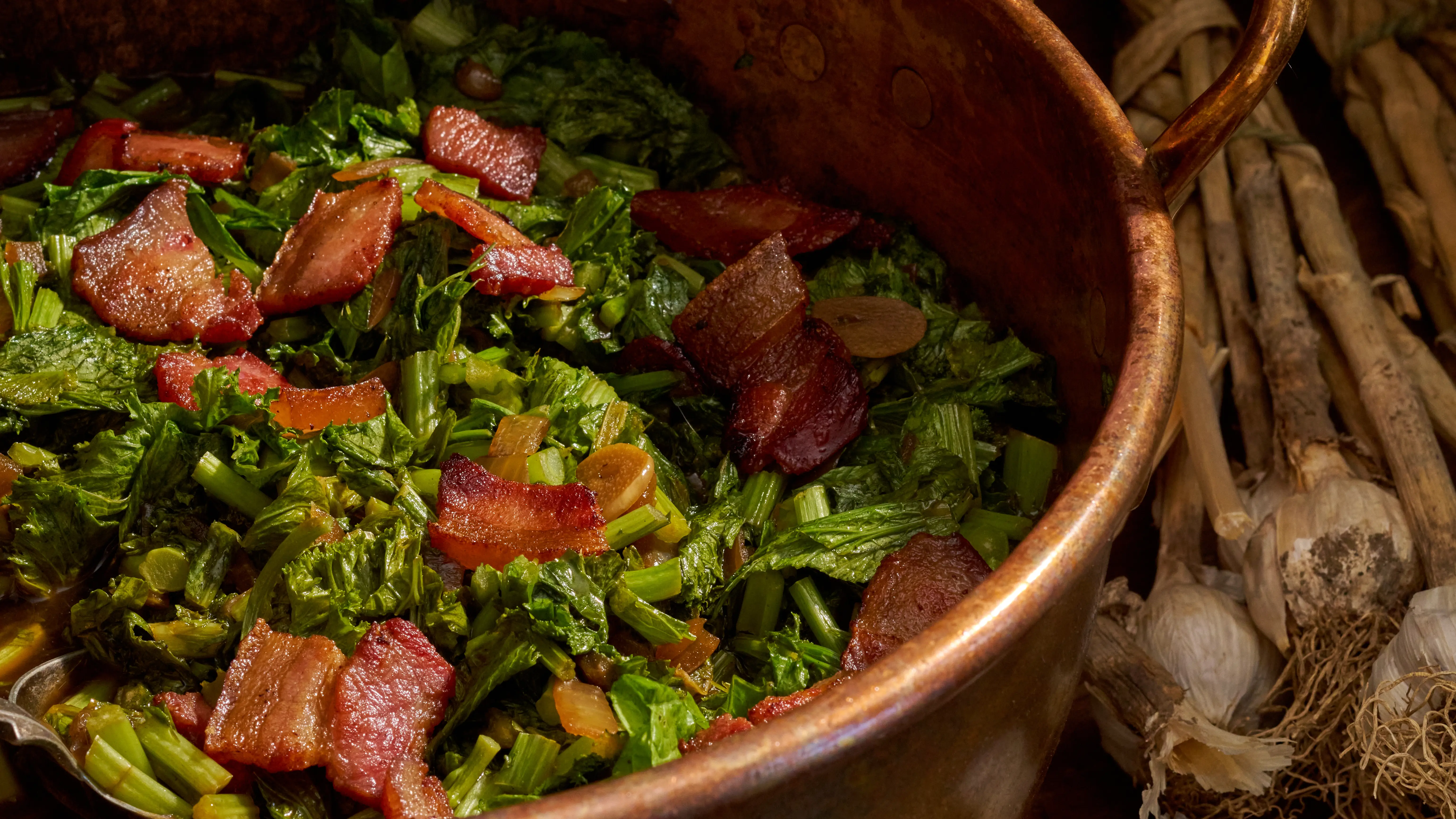 Beer-Braised Mustard Greens with Wild Boar Bacon-image