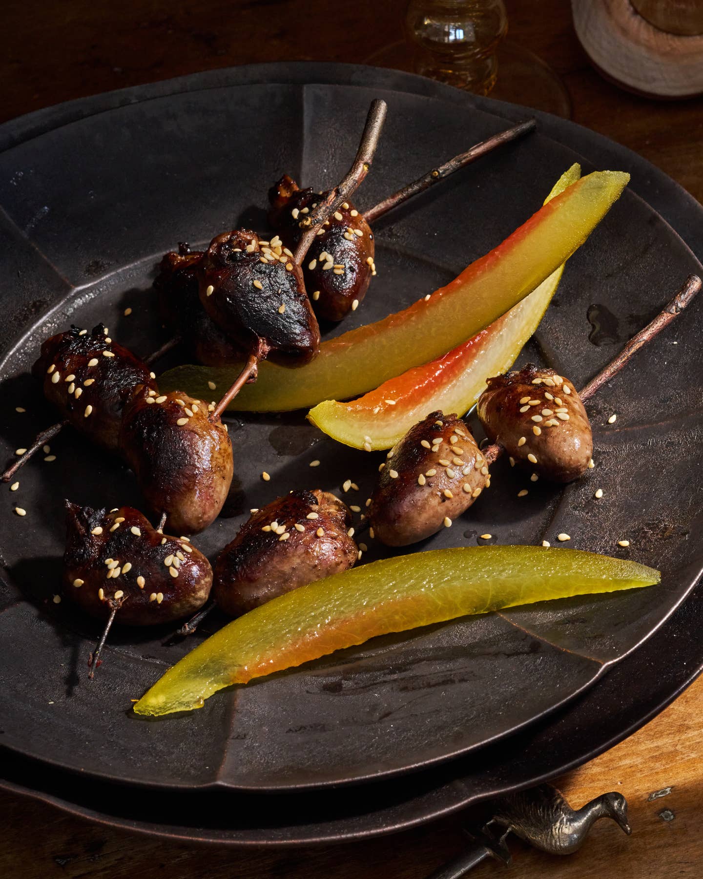 Yakitori-Style Duck Hearts with Pickled Watermelon Rind Yakitori-Style Duck Hearts with Pickled Watermelon Rind