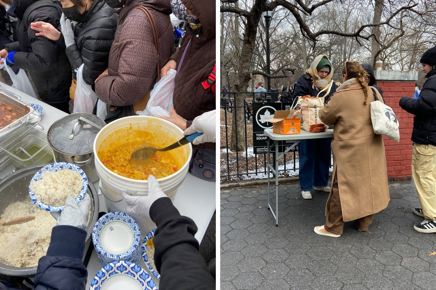 Volunteers hand out soup and rice (left) and hand warmers (right) in Tompkins Square Park. Volunteers hand out soup and rice (left) and hand warmers (right) in Tompkins Square Park.