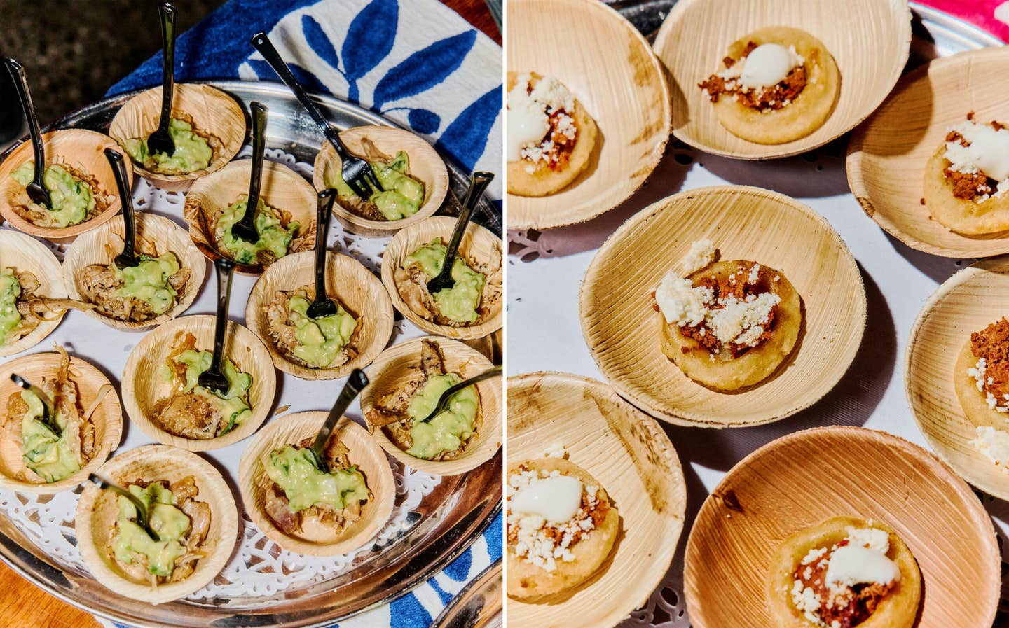 Pork carnitas with chunky avocado tomatillo salsa (left). Mini corn masa sopecitos (right).