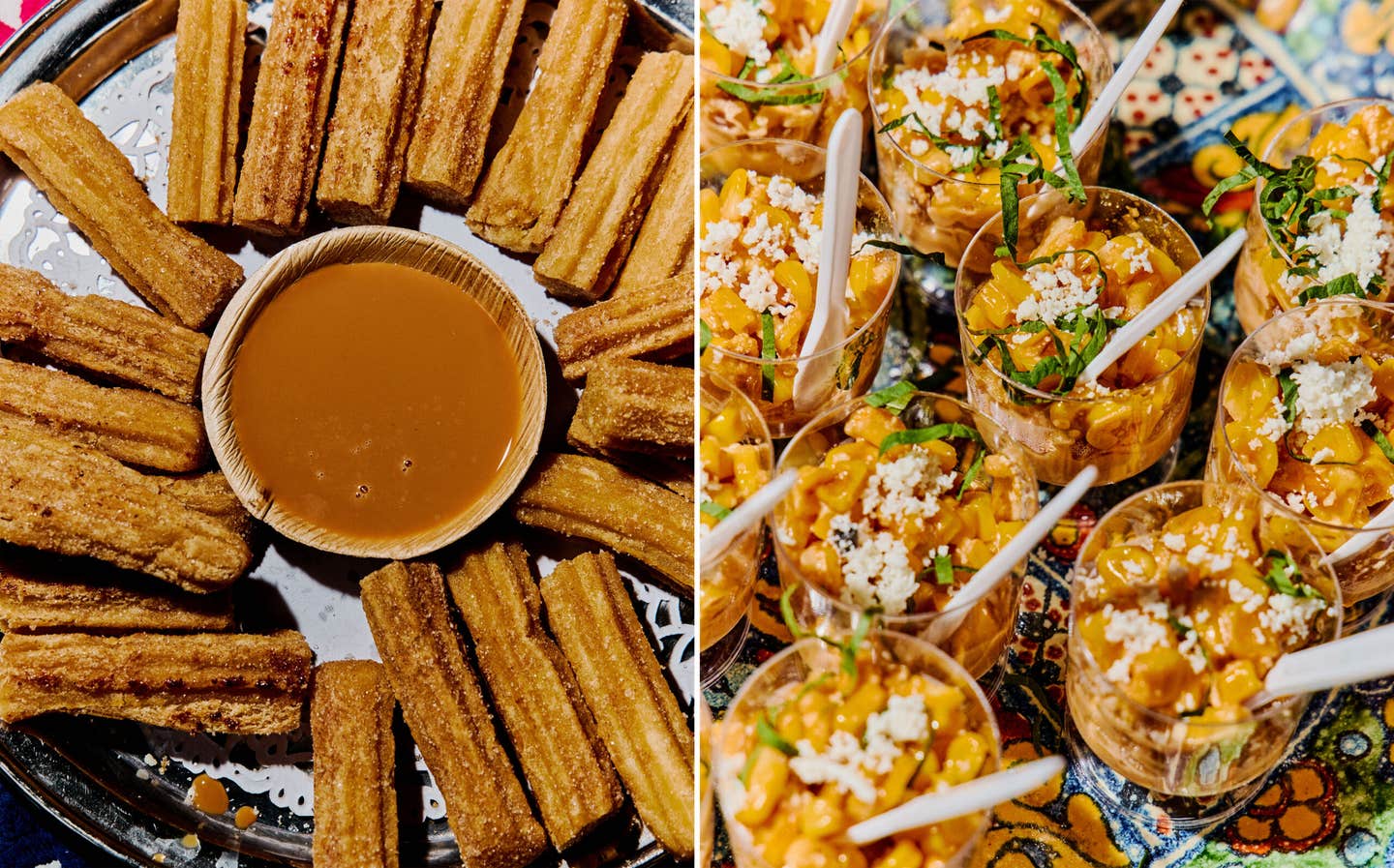 Chef Barbara Sibley’s churros (left) and market corn esquites (right).