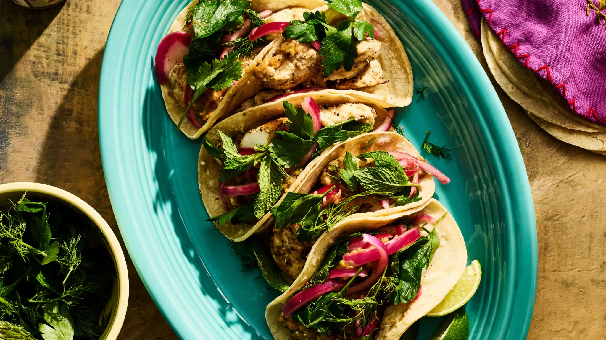 Fish Tacos With Herb Salad and Quick-Pickled Onions-image