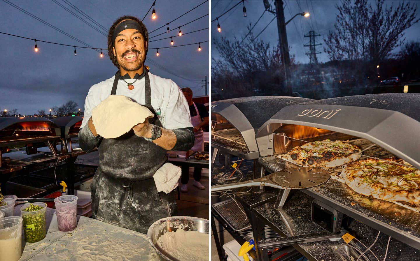 Left: Pizza Marvin's pizzaioli hand-shaped pizza dough along the brewery's patio; Right: a fleet of Ooni pizza ovens roared throughout the party. Left: Pizza Marvin's pizzaioli hand-shaped pizza dough along the brewery's patio; Right: a fleet of Ooni pizza ovens roared throughout the party.