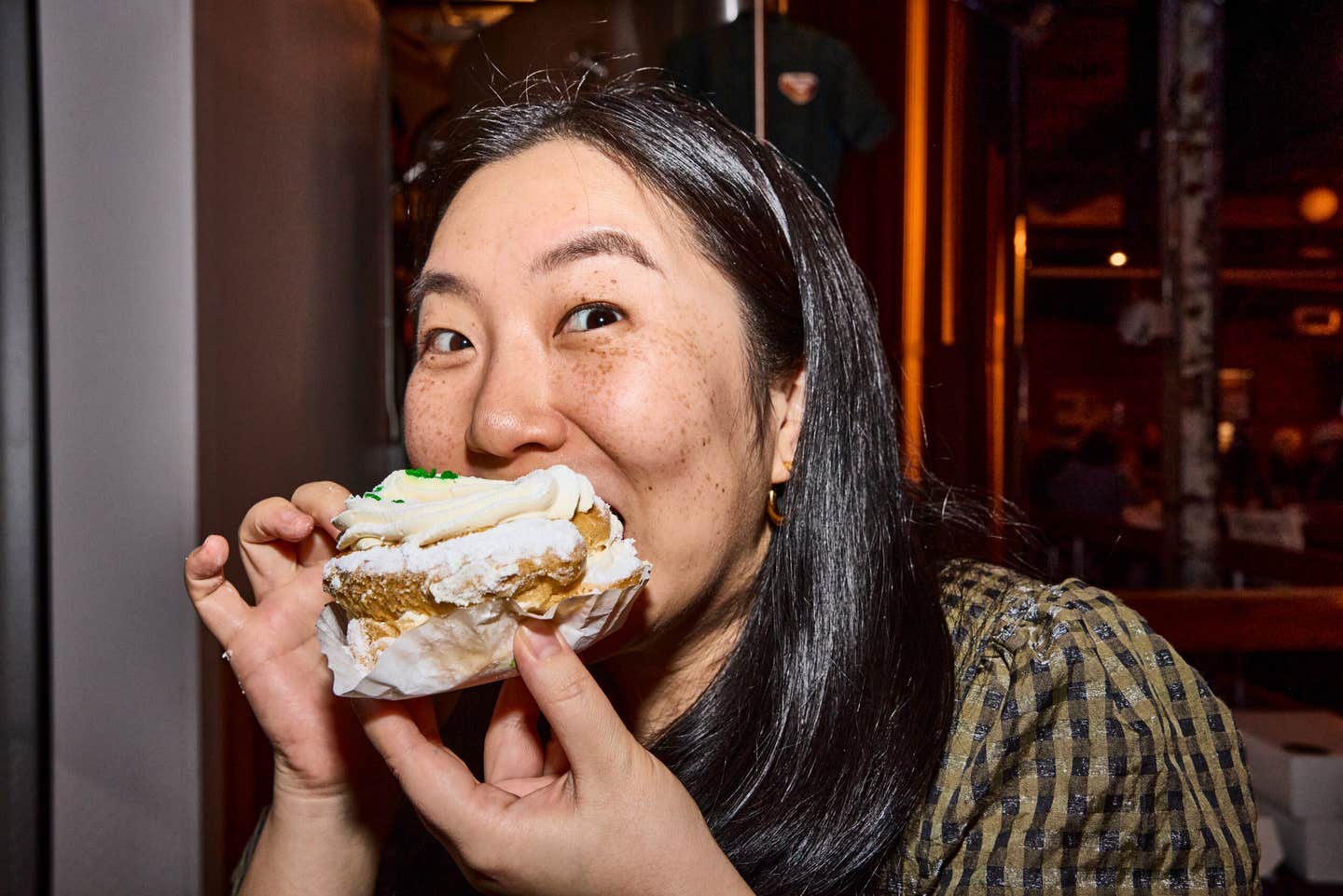 SAVEUR Digital Director Frances Kim sampled an Irish cream-flavored zeppole from LaSalle Bakery.