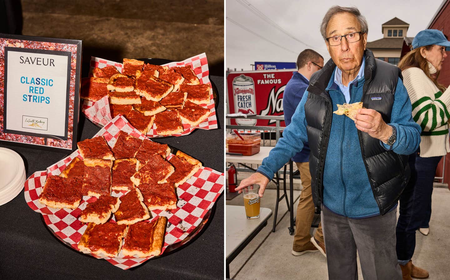 Left: La Salle Bakery sent plenty of classic Rhode Island-style pizza strips. Right: Alan Nathan stationed up by the pizza ovens to snag a fresh slice.