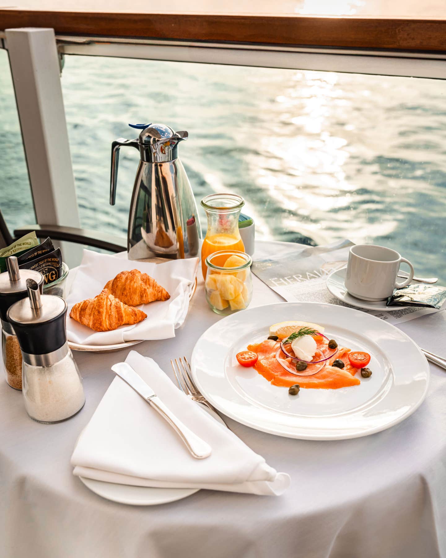 Breakfast served on a stateroom balcony on Seabourn Encore.