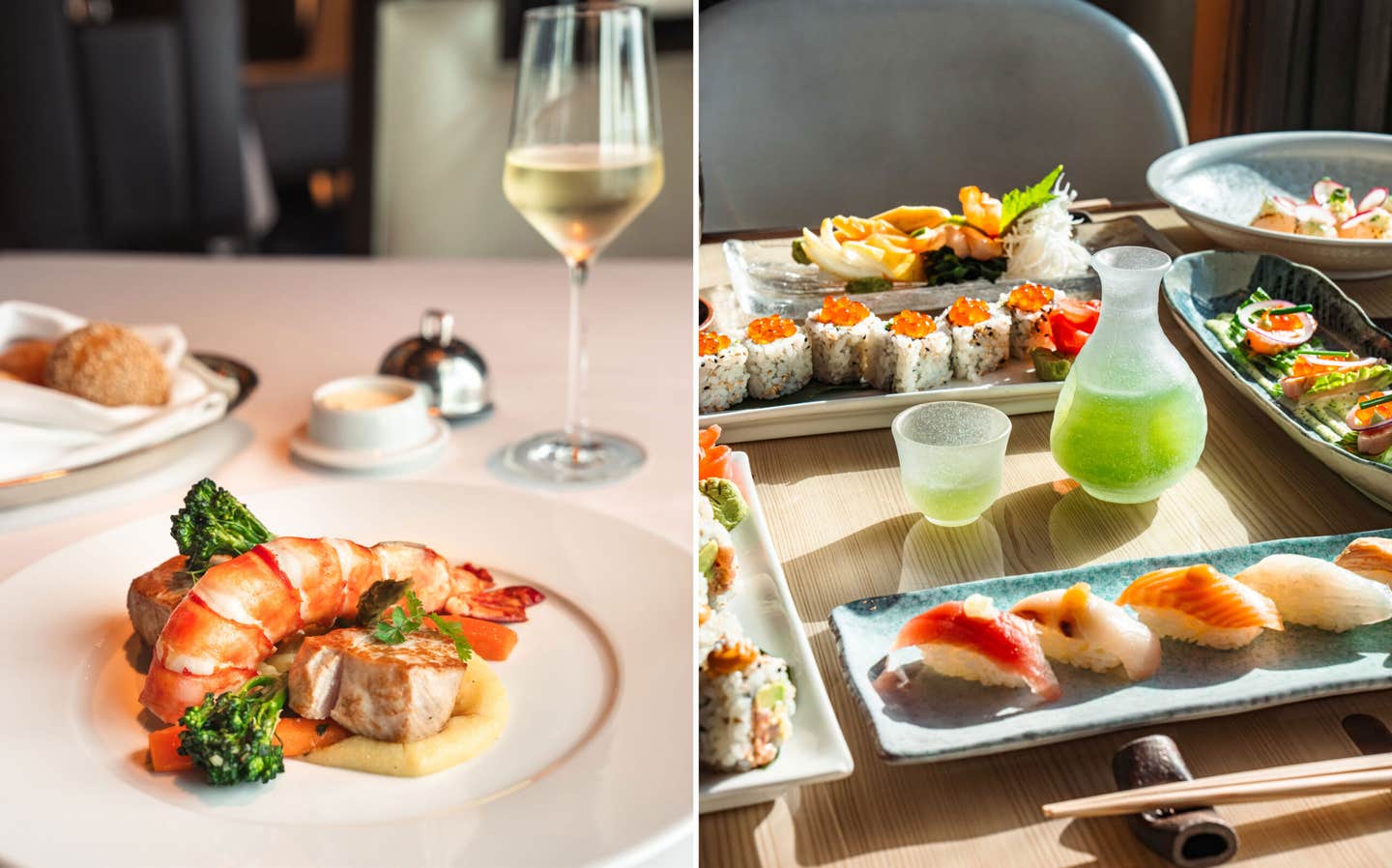 Left: Surf and Turf in the main dining room; right: sushi and sake cocktails in Sushi aboard Seabourn Encore.