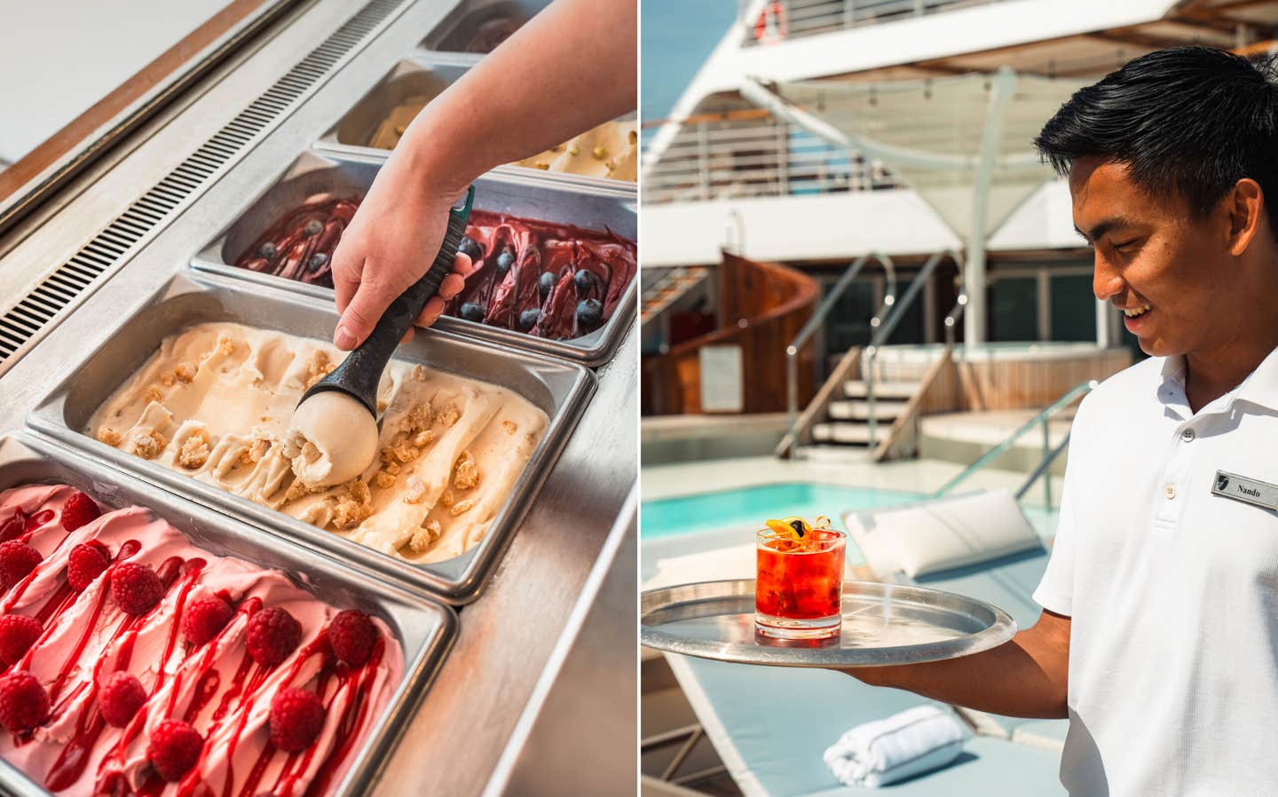 Left: freshly frozen gelato on the pool deck; right: Seabourn Encore's cocktail of the day.