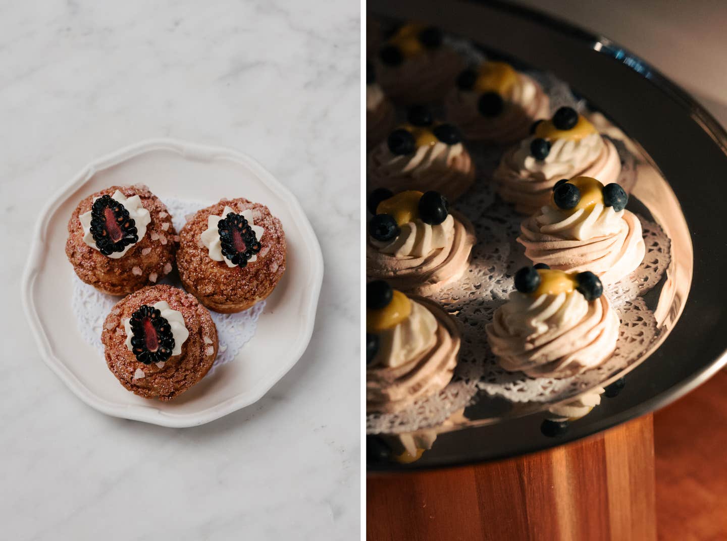 Blackberry cream puffs and lemon-blueberry pavlovas.
