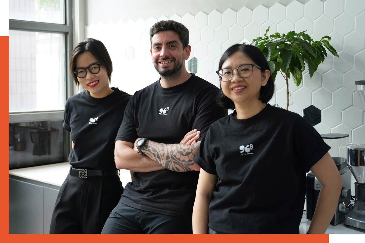 From left: 96B co-founder Thai Dang, barista Christos Sotiros, 96B co-founder Hana Choi 