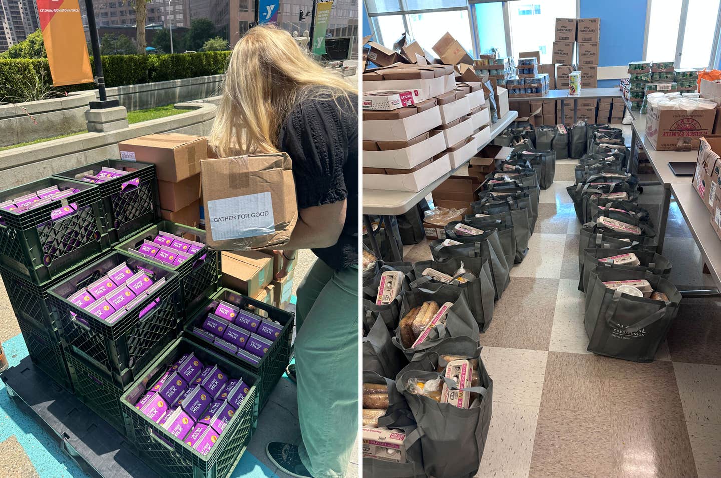 Donated groceries are bagged up and ready for delivery.